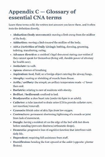 Page 142 of the CNA — Complete Study Guide (2026) PDF — Appendix C — Glossary of essential CNA terms: Appendix C — Glossary of essential CNA terms Learn these terms cold; the written test assumes you know them, and it often tests the definition directly.…