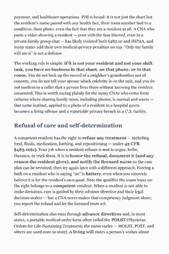 Page 19 of the CNA — Complete Study Guide (2026) PDF — Chapter 1 — Resident Rights & Dignity: payment, and healthcare operations. PHI is broad: it is not just the chart but the resident’s name paired with any health fact, their room number tied to a…