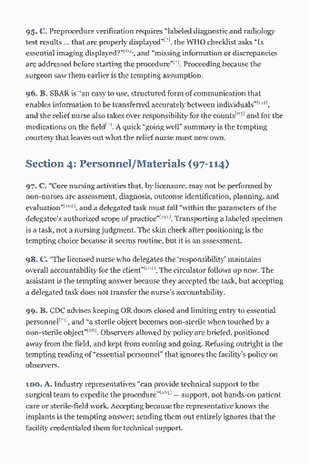Page 160 of the CNOR Study Guide — 2026 Edition PDF — Section 4: Personnel/Materials (97-114): 95. C. Preprocedure verification requires “labeled diagnostic and radiology test results … that are properly displayed”[7], the WHO checklist asks “Is…
