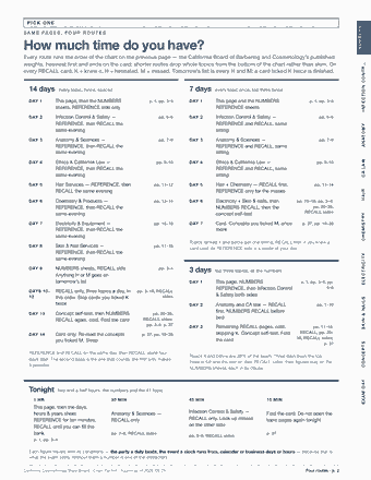 Page 2 of the California Cosmetology State Board — Cram Sheet (2026) PDF: PICK ONE NUMBERS S A M E PA G E S , F O U R R O U T E S How much time do you have? Every route runs the order of the chart on the previous page — the…