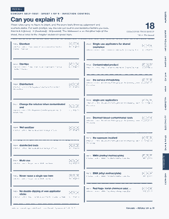 Page 20 of the California Cosmetology State Board — Cram Sheet (2026) PDF: RECALL NUMBERS CONCEPT SELF-TEST · SHEET 1 OF 9 · INFECTION CONTROL Can you explain it? These rules carry no figure to blank, and the exam tests them as…