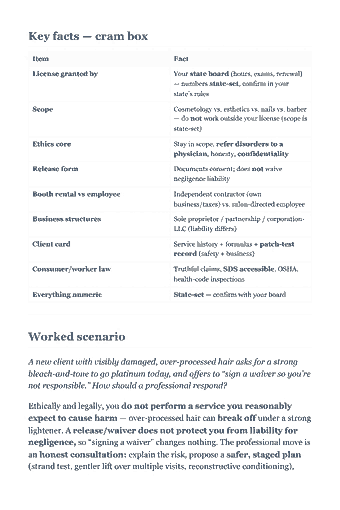 Page 67 of the Cosmetology State Board Exam — Complete Study Guide (2026) PDF — 7. Nail Care — Manicuring & Pedicuring: Key facts — cram box Item Fact License granted by Your state board (hours, exams, renewal) — numbers state-set, confirm in your state’s rules Scope Cosmetology…