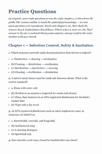 Page 69 of the Cosmetology State Board Exam — Complete Study Guide (2026) PDF — Chapter 1 — Infection Control, Safety & Sanitation: Practice Questions 64 original, exam-style questions across the eight chapters, written from the public NIC content outline to teach the underlying knowledge —…