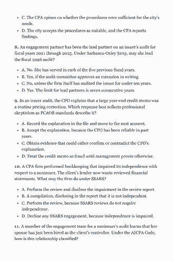 Page 20 of the CPA AUD Study Guide — 2026 Edition PDF — Chapter 1 — Ethics, Professional Responsibilities and General Principles: C. The CPA opines on whether the procedures were sufficient for the city’s needs. D. The city accepts the procedures as suitable, and the CPA reports findings.…