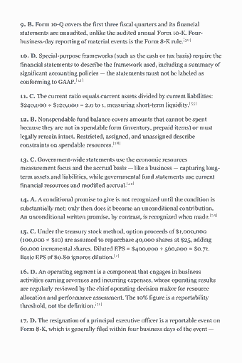 Page 93 of the CPA FAR Study Guide — 2026 Edition PDF — Answer key: 9. B. Form 10-Q covers the first three fiscal quarters and its financial statements are unaudited, unlike the audited annual Form 10-K. Four- business-day…