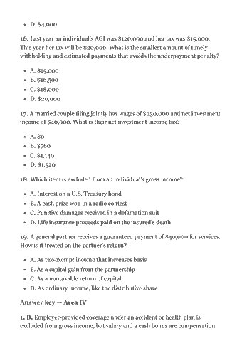 Page 188 of the CPA REG Study Guide — 2026 Edition PDF — Answer key — Area II: D. $4,000 16. Last year an individual’s AGI was $120,000 and her tax was $15,000. This year her tax will be $20,000. What is the smallest amount of timely…
