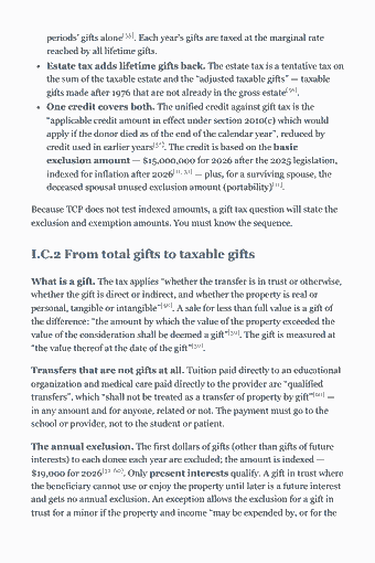 Page 42 of the CPA TCP Study Guide — 2026 Edition PDF — Chapter 2 — Passive Activity and At-Risk Limits, and Gift Tax Compliance and Planning (Area I, Groups B and C): periods’ gifts alone[55]. Each year’s gifts are taxed at the marginal rate reached by all lifetime gifts. Estate tax adds lifetime gifts back. The estate tax…