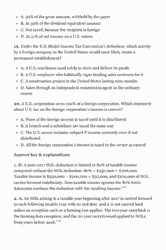 Page 88 of the CPA TCP Study Guide — 2026 Edition PDF — Chapter 4 — Entity Tax Compliance: C Corporations (Area II, Group A): A. 30% of the gross amount, withheld by the payer B. At 30% of the dividend equivalent amount C. Not taxed, because the recipient is foreign D. At 21% of net…