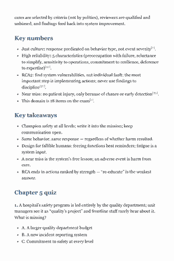 Page 62 of the CPHQ Study Guide — 2026 Edition PDF — Chapter 5. Patient Safety: cases are selected by criteria (not by politics), reviewers are qualified and unbiased, and findings feed back into system improvement. Key numbers Just…