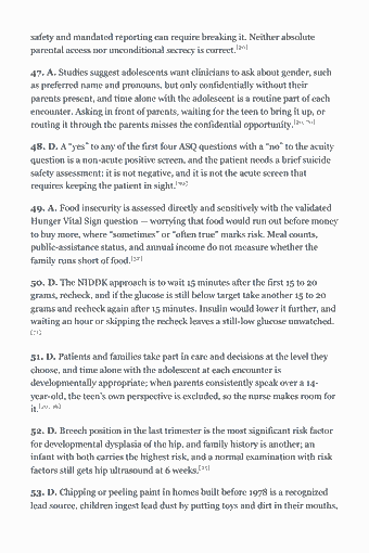 Page 102 of the CPN Study Guide — 2026 Edition PDF — Section 2 — Assessment: safety and mandated reporting can require breaking it. Neither absolute parental access nor unconditional secrecy is correct.[20] 47. A. Studies suggest…