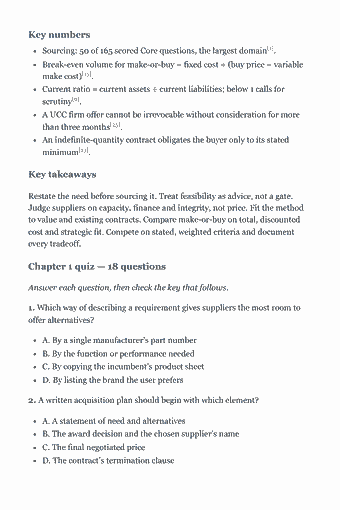 Page 14 of the CPSM Study Guide — 2026 Edition PDF — Chapter 1 — Sourcing: Key numbers Sourcing: 50 of 165 scored Core questions, the largest domain[1]. Break-even volume for make-or-buy = fixed cost ÷ (buy price − variable make…