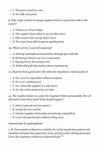 Page 31 of the CPSM Study Guide — 2026 Edition PDF — Chapter 3 — Negotiation: C. The price it paid last year D. Its walk-away point 9. Why might a threat to change suppliers fail in a negotiation with a sole source? A. Threats are always…