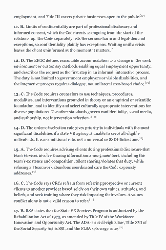 Page 130 of the CRC Study Guide — 2026 Edition PDF — Chapter 12 — Research, Methodology, and Performance Management: employment, and Title III covers private businesses open to the public.[12] 11. B. Limits of confidentiality are part of professional disclosure and informed…
