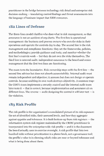 Page 13 of the CRISC Study Guide — 2026 Edition PDF — Chapter 1 — Governance: practitioner is the bridge between technology risk detail and enterprise risk decision-making — translating control findings and threat assessments into the…