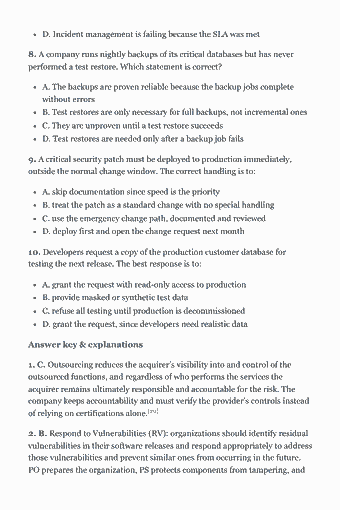 Page 73 of the CRISC Study Guide — 2026 Edition PDF — Chapter 4 — Information Technology and Security: D. Incident management is failing because the SLA was met 8. A company runs nightly backups of its critical databases but has never performed a test restore.…