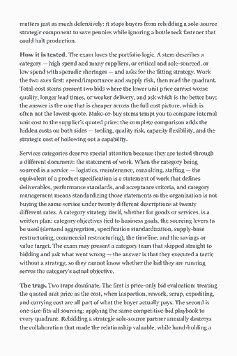 Page 33 of the CSCP Study Guide — 2026 Edition PDF — Chapter 3 — Source Products and Services — 17%: matters just as much defensively: it stops buyers from rebidding a sole-source strategic component to save pennies while ignoring a bottleneck fastener that…