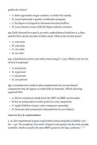 Page 64 of the CSCP Study Guide — 2026 Edition PDF — Chapter 4 — Manage Internal Operations and Inventory — 19%: guides the choice? A. Both approaches target variation, so either fits equally. B. Lean is primarily a quality-certification program. C. Six Sigma is designed…