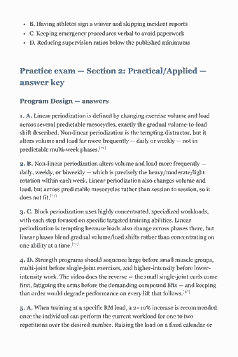 Page 241 of the CSCS Study Guide — 2026 Edition PDF — Practice exam — Section 1: Scientific Foundations — answer key: B. Having athletes sign a waiver and skipping incident reports C. Keeping emergency procedures verbal to avoid paperwork D. Reducing supervision ratios below…