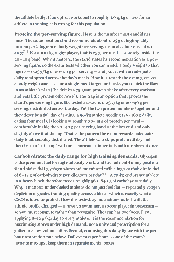 Page 73 of the CSCS Study Guide — 2026 Edition PDF — Chapter 5: Nutrition: the athlete badly. If an option works out to roughly 1.0 g/kg or less for an athlete in training, it is wrong for this population. Protein: the per-serving…
