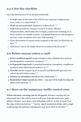 Page 149 of the CSLB Class A General Engineering — Trade Exam Study Guide (2026) PDF — Chapter 9 — Safety: 9.5 A hot-day checklist On a day forecast at 97°F on an open trench job: Enough water at the start of the shift for one quart per employee per hour, unless it…