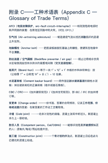 《CSLB B 类考试中文备考指南(2026)》PDF 第 60 页 — 第 5 章——安全（Chapter 5 — Safety）: 附录 C——工种术语表（Appendix C — Glossary of Trade Terms） AFCI（电弧故障保护，arc-fault circuit-interrupter）——检测到危险电弧时 断开回路的装置；在居住区回路中防火灾。（对比 GFCI。） 引气剂（Air-entraining…