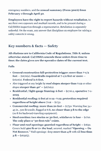 Page 221 of the CSLB Class B General Building — Trade Exam Study Guide (2026) PDF — Part I — Enforcement, recordkeeping, and reporting: emergency numbers, and the annual summary (Form 300A) from February 1 through April 30. Employees have the right to report hazards without retaliation, to see…
