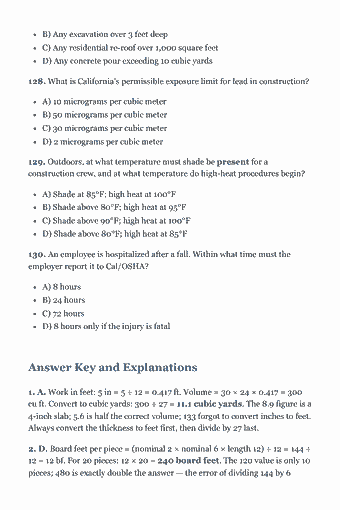 Page 262 of the CSLB Class B General Building — Trade Exam Study Guide (2026) PDF — Practice Exam — 130 Questions: B) Any excavation over 3 feet deep C) Any residential re-roof over 1,000 square feet D) Any concrete pour exceeding 10 cubic yards 128. What is California’s…