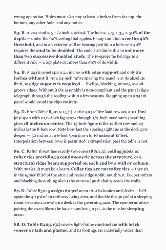 Page 275 of the CSLB Class B General Building — Trade Exam Study Guide (2026) PDF — Practice Exam — 130 Questions: wrong operation. Holes must also stay at least 2 inches from the top, the bottom, any other hole, and any notch. 83. B. A 2×4 stud is 3-1/2 inches actual. The…