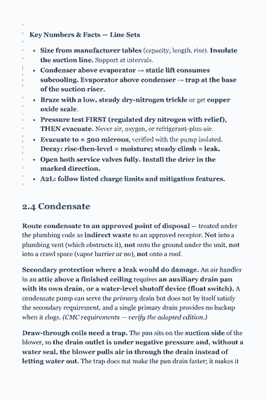 Page 23 of the CSLB C-20 HVAC Trade Exam Study Guide (2026) PDF — Chapter 2 — Installation of Warm-Air Heating and Cooling Systems: Key Numbers & Facts — Line Sets Size from manufacturer tables (capacity, length, rise). Insulate the suction line. Support at intervals. Condenser above…