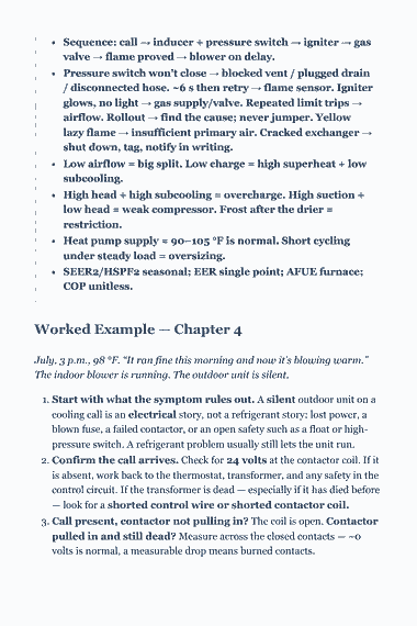 Page 50 of the CSLB C-20 HVAC Trade Exam Study Guide (2026) PDF — Chapter 4 — Service and Troubleshooting: Sequence: call → inducer + pressure switch → igniter → gas valve → flame proved → blower on delay. Pressure switch won’t close → blocked vent / plugged drain /…