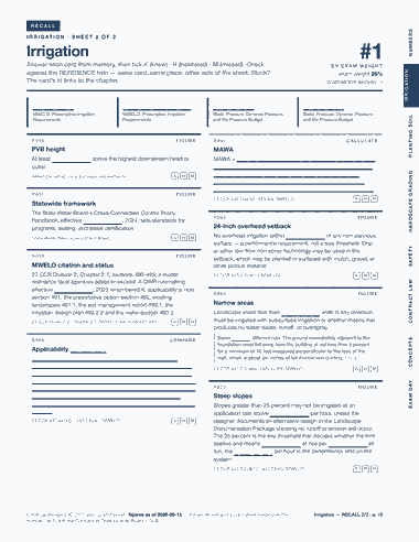Page 12 of the CSLB C-27 Landscaping — Cram Sheet (2026) PDF: RECALL NUMBERS I R R I G AT I O N · S H E E T 2 O F 2 Irrigation Answer each card from memory, then tick K (knew) · H (hesitated) · M (missed). Check BY EXAM…