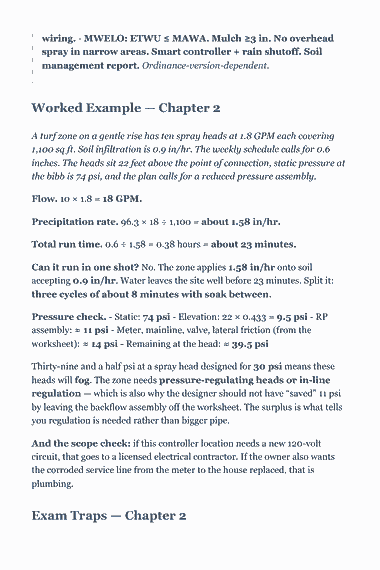 Page 27 of the CSLB C-27 Landscaping Trade Exam Study Guide (2026) PDF — Chapter 2 — Irrigation Design, Installation and Backflow Prevention: wiring. - MWELO: ETWU ≤ MAWA. Mulch ≥3 in. No overhead spray in narrow areas. Smart controller + rain shutoff. Soil management report.…