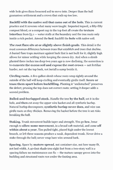 Page 34 of the CSLB C-27 Landscaping Trade Exam Study Guide (2026) PDF — Chapter 3 — Soils, Planting and Plant Health: wide hole gives them loosened soil to move into. Deeper than the ball guarantees settlement and a crown that ends up too low. Backfill with the native soil…