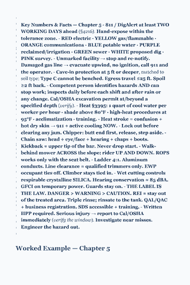 Page 64 of the CSLB C-27 Landscaping Trade Exam Study Guide (2026) PDF — Chapter 5 — Job-Site Safety: Key Numbers & Facts — Chapter 5 - 811 / DigAlert at least TWO WORKING DAYS ahead (§4216). Hand-expose within the tolerance zone. - RED electric · YELLOW…