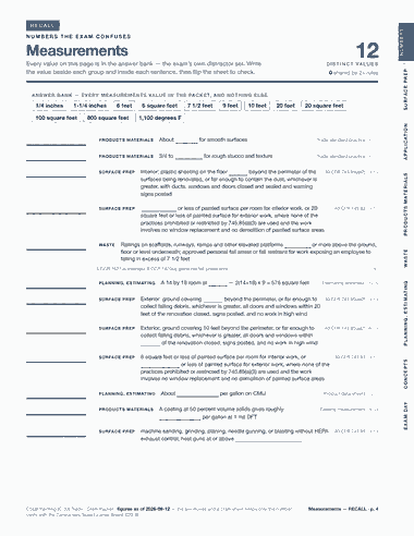 Page 4 of the CSLB C-33 Painting — Cram Sheet (2026) PDF: RECALL NUMBERS NUMBERS THE EXAM CONFUSES Measurements Every value on this page is in the answer bank — the exam’s own distractor set. Write 12 D I S T I N C T…