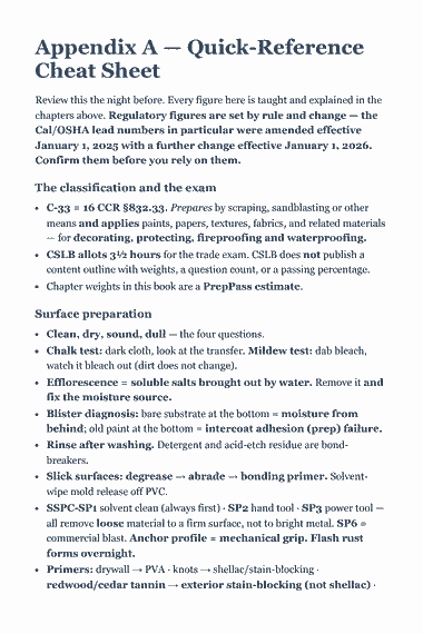 Page 109 of the CSLB C-33 Painting Trade Exam Study Guide (2026) PDF — Appendix A — Quick-Reference Cheat Sheet: Appendix A — Quick-Reference Cheat Sheet Review this the night before. Every figure here is taught and explained in the chapters above. Regulatory figures are…