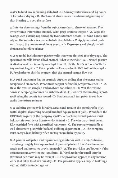 Page 84 of the CSLB C-33 Painting Trade Exam Study Guide (2026) PDF — Chapter 1 — Surface Preparation: sealer to bind any remaining slab dust - C. A heavy water rinse and 24 hours of forced-air drying - D. Mechanical abrasion such as diamond grinding or shot…