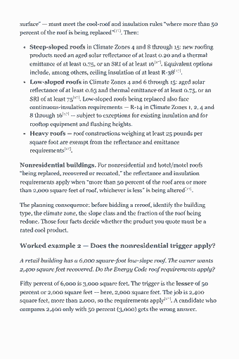 Page 19 of the CSLB C-39 Roofing Trade Exam Study Guide (2026) PDF — Part 6, the Energy Code, sets cool-roof and insulation requirements: surface” — must meet the cool-roof and insulation rules “where more than 50 percent of the roof is being replaced”[17]. Then: Steep-sloped roofs in Climate…