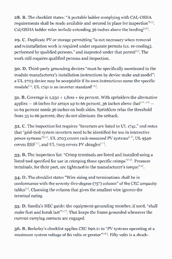 Page 185 of the CSLB C-46 Solar Trade Exam Study Guide (2026) PDF — Section 6 — Safety (19 questions): 28. B. The checklist states: “A portable ladder complying with CAL-OSHA requirements shall be made available and secured in place for inspection”[5]. Cal/OSHA…