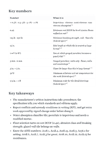 Page 22 of the CSLB C-54 Tile Trade Exam Study Guide (2026) PDF — Chapter 1 — Plans, Specifications and Selecting Materials: Key numbers Number What it is < 0.5% · 0.5–3% · 3–7% · ≥ 7% Impervious · vitreous · semi-vitreous · non- vitreous absorption[9] 0.42 Minimum wet DCOF for level…