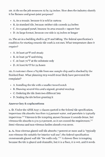 Page 25 of the CSLB C-54 Tile Trade Exam Study Guide (2026) PDF — Chapter 1 — Plans, Specifications and Selecting Materials: 10. A tile on the job measures 12 by 24 inches. How does the industry classify it for flatness and grout-joint purposes? A. As a mosaic, because it is sold in…