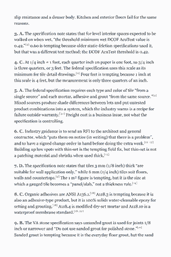 Page 26 of the CSLB C-54 Tile Trade Exam Study Guide (2026) PDF — Chapter 1 — Plans, Specifications and Selecting Materials: slip resistance and a denser body. Kitchen and exterior floors fail for the same reasons. 3. A. The specification note states that for level interior spaces…