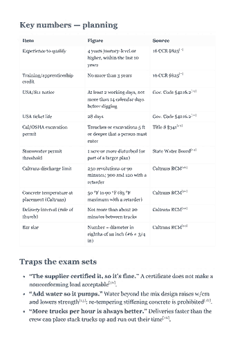 Page 23 of the CSLB C-8 Concrete Trade Exam Study Guide (2026) PDF — Chapter 1 — Planning Concrete Projects: Key numbers — planning Item Figure Source Experience to qualify 4 years journey-level or 16 CCR §825[7] higher, within the last 10 years…