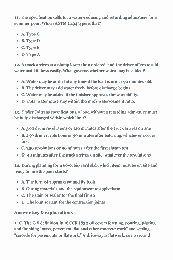 Page 27 of the CSLB C-8 Concrete Trade Exam Study Guide (2026) PDF — Chapter 1 — Planning Concrete Projects: 11. The specification calls for a water-reducing and retarding admixture for a summer pour. Which ASTM C494 type is that? A. Type C B. Type D C. Type E D. Type…