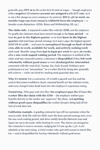 Page 118 of the CSLB Law & Business Study Guide PDF — Chapter 3 — Employment Requirements: generally pays ETT at 0.1% on the first $7,000 of wages — though employers with a negative UI reserve account are assigned a 0% ETT rate, so it is not a flat…