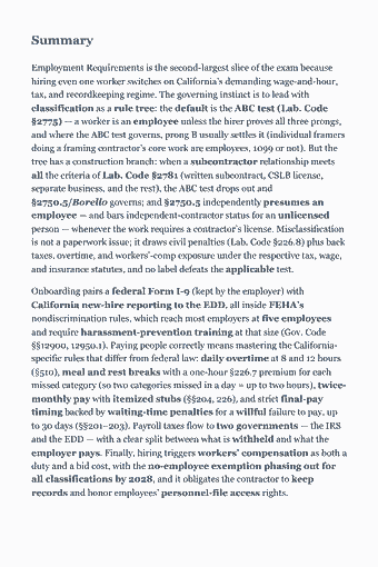 Page 131 of the CSLB Law & Business Study Guide PDF — Chapter 3 — Employment Requirements: Summary Employment Requirements is the second-largest slice of the exam because hiring even one worker switches on California’s demanding wage-and-hour, tax,…