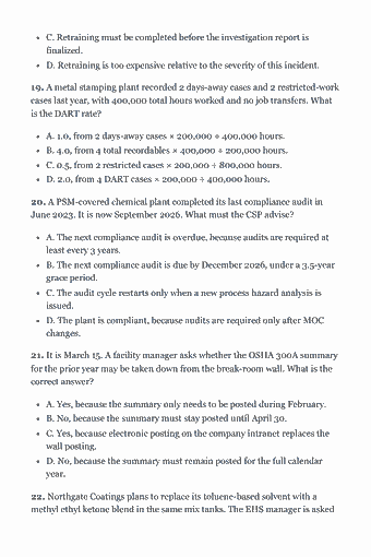 Page 45 of the CSP Study Guide — 2026 Edition PDF — Chapter 2 Quiz — Program Management (25 questions): C. Retraining must be completed before the investigation report is finalized. D. Retraining is too expensive relative to the severity of this incident. 19. A…