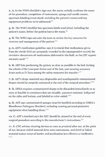 Page 114 of the CST Study Guide — 2026 Edition PDF — Section 3 — answer key & explanations: 2. A. In the WHO checklist’s sign-out, the nurse verbally confirms the name of the procedure, completion of instrument, sponge and needle counts, specimen…
