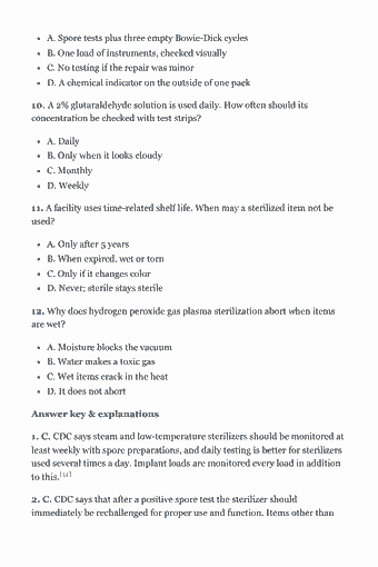 Page 54 of the CST Study Guide — 2026 Edition PDF — Chapter 5 Quiz: A. Spore tests plus three empty Bowie-Dick cycles B. One load of instruments, checked visually C. No testing if the repair was minor D. A chemical indicator on…
