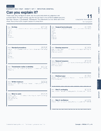 Page 14 of the Dental Assisting — Cram Sheet (2026) PDF: RECALL NUMBERS CONCEPT SELF-TEST · SHEET 1 OF 7 · INFECTION CONTROL Can you explain it? These rules carry no figure to blank, and the exam tests them as…